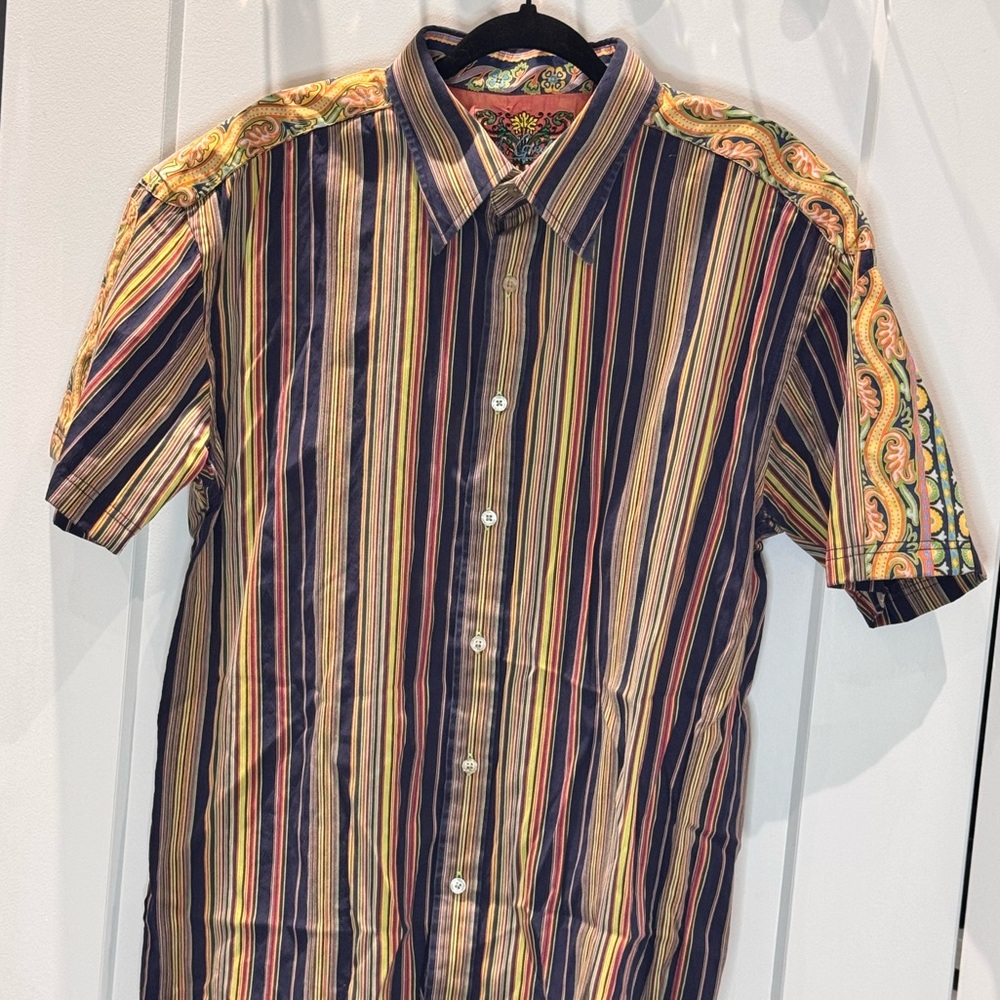 2XL Robert Graham Striped Paisley Shirt | Boho Maximalist Artisan Short Sleeve